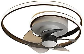 LITFAD 18' W Circular Dimmable Semi Flush Ceiling Fan Light Modernist Metallic LED Bedroom Pendant Fan Light Remote Control Stepless Dimming Living Room Ceiling Lamp in Black-White, 5 Blades
