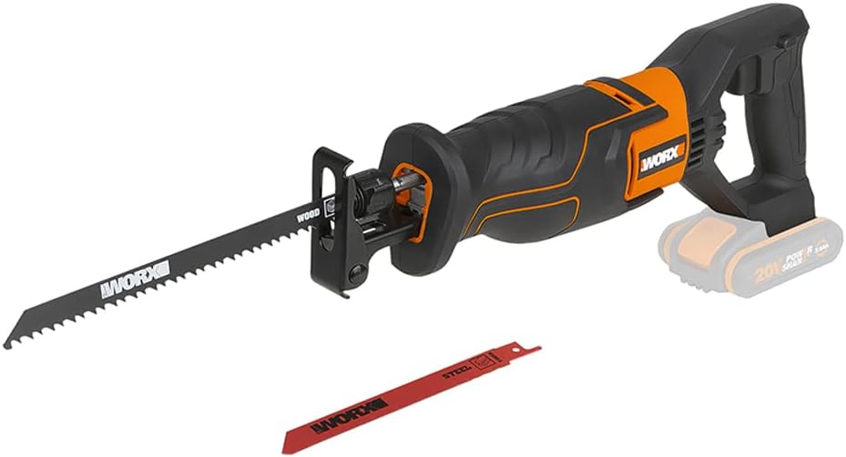 WORX WX500.9 Cordless Reciprocating Saw 20 V - Battery Saw for Cutting Wood, PVC, Steel etc. - Adjustable Base Plate, Variable Speed - Without Battery and Charger