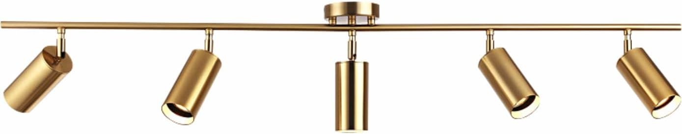 KCO Lighting Modern 5-Lights LED Track Lighting Kit Brushed Brass Kitchen Ceiling Spotlights Light Fixture Mid Century Gold Adjustable Flush Mount Ceiling Spot Light (5 Lights)