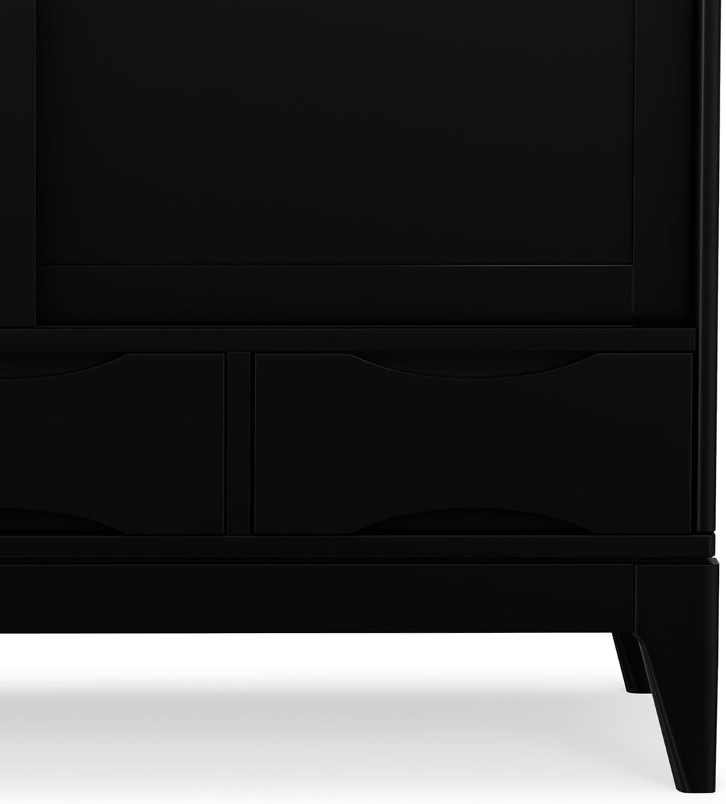 SIMPLIHOME Harper Medium Storage Cabinet - 48 inch Wide Solid Hardwood Sliding Door Cabinet in Black, Mid-Century Modern Cupboard for Living Room or Entryway with 3 Drawers and Tapered Legs