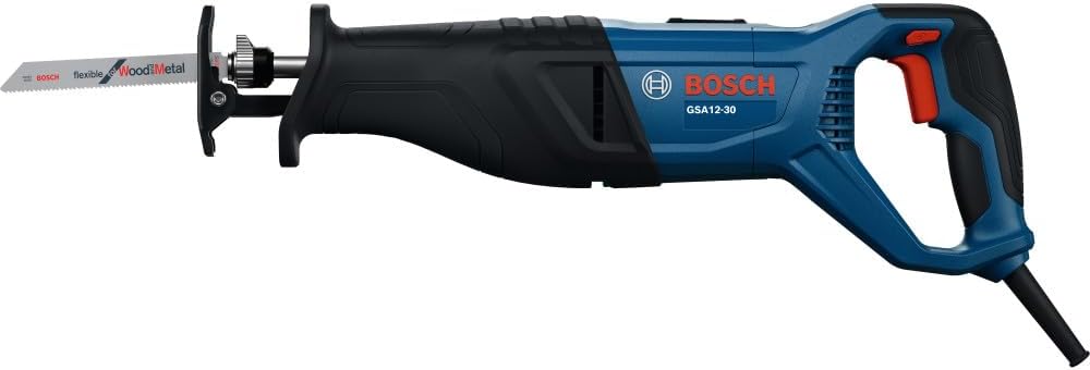 BOSCH GSA12-30 Corded Reciprocating Saw - 12 Amp Power, 1-3/16 In Stroke Length, Variable Speed Control, Tool-Free Blade Change, Lightweight Design for Easy Maneuverability (Bare Tool)