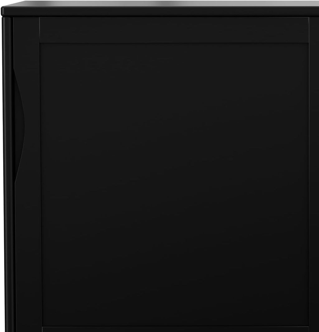 SIMPLIHOME Harper Medium Storage Cabinet - 48 inch Wide Solid Hardwood Sliding Door Cabinet in Black, Mid-Century Modern Cupboard for Living Room or Entryway with 3 Drawers and Tapered Legs