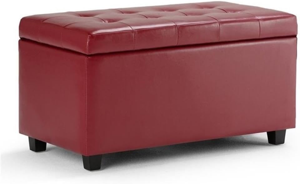 SIMPLIHOME Cosmopolitan Storage Ottoman - 34 inch Wide Upholstered Vegan Leather Rectangle Storage Ottoman Bench in Red, Transitional Tufted Ottoman for Living Room or Entryway with Lift-Up Lid