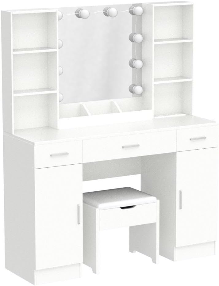 Vabches Makeup Vanity Table with Lighted Mirror & Power Strip, Large Vanity Set Vanity Desk with Storage Stool, 3 Lighting Modes, Brightness Adjustable, 45.2in(L)