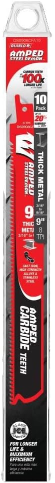 Diablo Amped Steel Demon Carbide Teeth Reciprocating Saw Blade for Thick Metal - 100x Longer Cutting Life - 9' Length, 8 TPI - DS0908CFA10