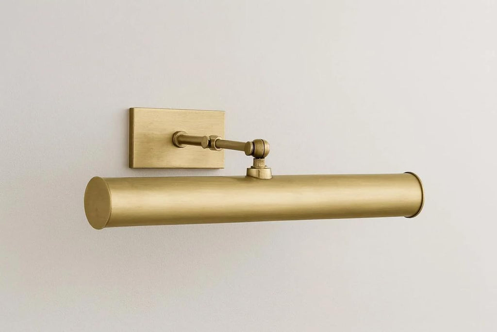 Antique Brass Picture Light - Mid Century Hardwired Wall Mount Display Light for Paintings - Adjustable Arm Rotating Shade Wall Sconce For Gallery, Photos, Living Room (Antique Patina, 15 Inches)