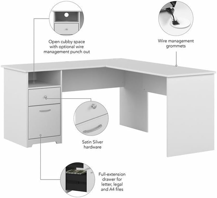Bush Home Cabot 60W L Shaped Computer Desk with Drawers, White