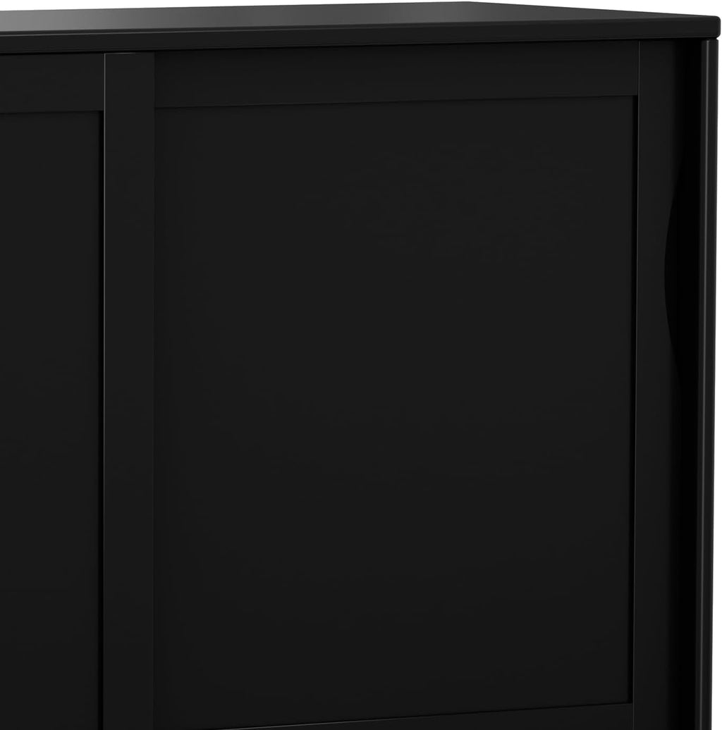 SIMPLIHOME Harper Medium Storage Cabinet - 48 inch Wide Solid Hardwood Sliding Door Cabinet in Black, Mid-Century Modern Cupboard for Living Room or Entryway with 3 Drawers and Tapered Legs