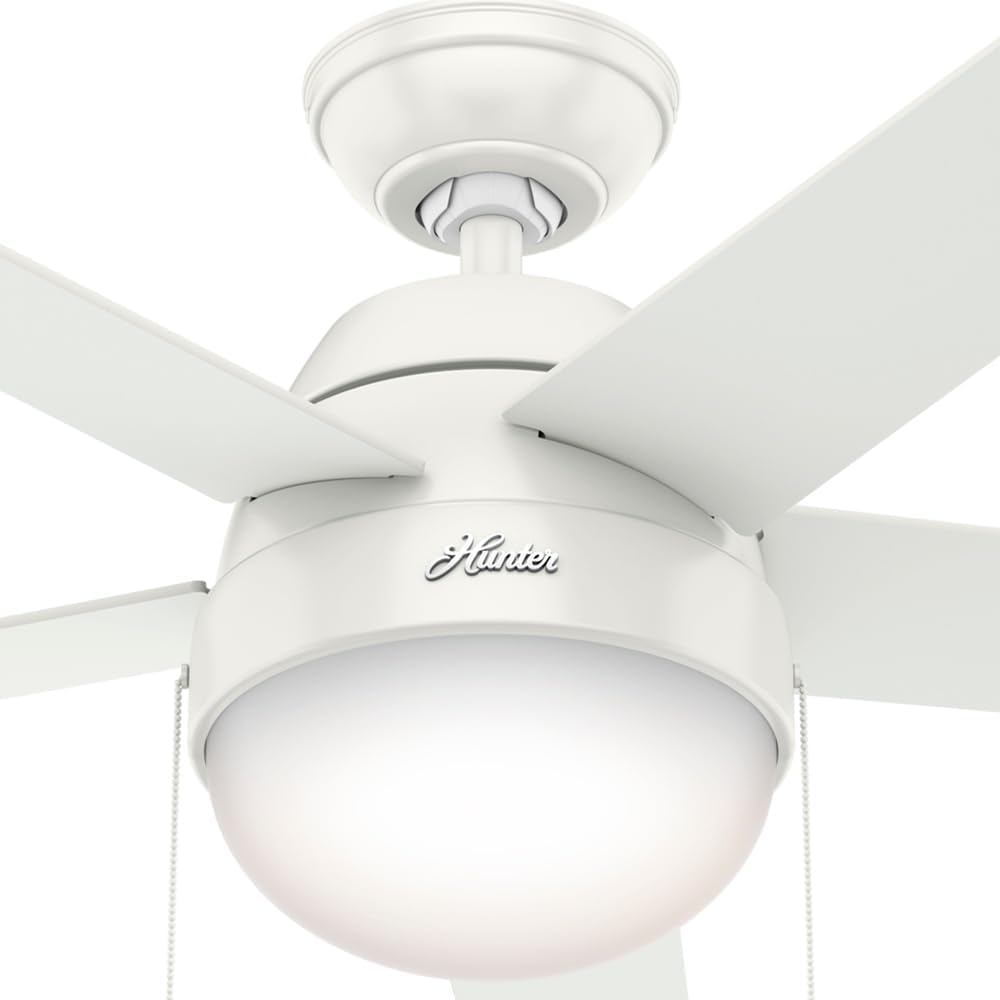 Hunter 46 inch Indoor Ceiling Fan with LED Light - White Ceiling Fan with Pull Chain, For Bedroom, Living Room, or Kitchen, Standard Mount, No Remote, 5 Blades - Anslee 59266, Fresh White