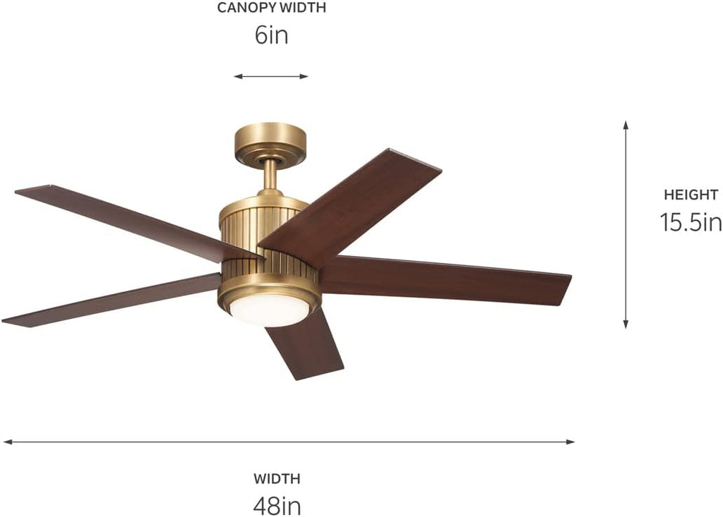 Kichler Brahm 48 in Indoor Ceiling Fan with LED Light, 3-Speed AC Motor with Reversible Blades and Handheld Remote in Natural Brass, for Living Room, Dining Room, Kitchen and Bedroom, 300048NBR