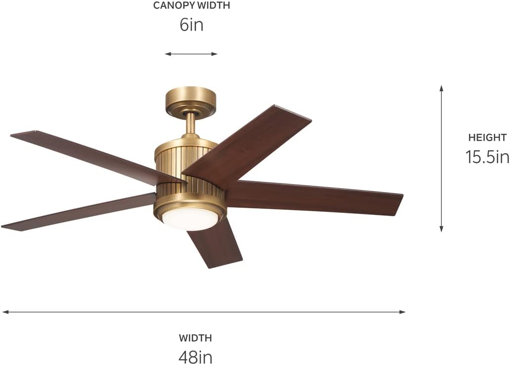 Kichler Brahm 48 in Indoor Ceiling Fan with LED Light, 3-Speed AC Motor with Reversible Blades and Handheld Remote in Natural Brass, for Living Room, Dining Room, Kitchen and Bedroom, 300048NBR