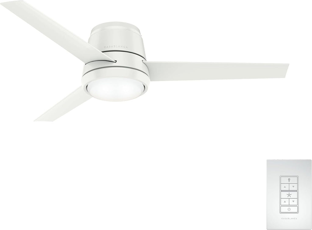 Casablanca 54 inch Indoor Ceiling Fan with LED Light - Low Profile Flush Mount, White Ceiling Fan for Bedroom, Living Room, or Kitchen, Wall Control, 3 Blades - Commodus 59571, Fresh White