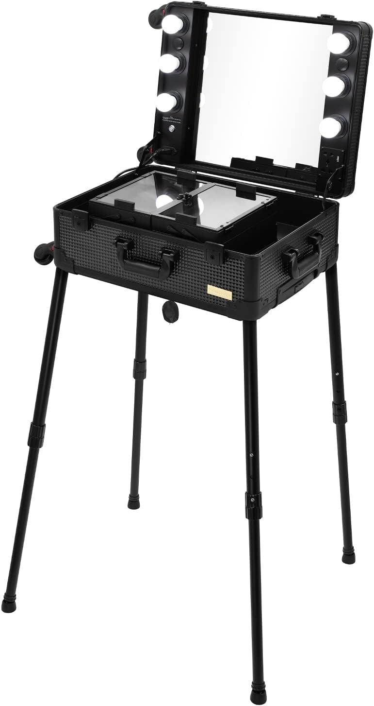 Aluminum Trolley Makeup Train Case with LED Lights Professional Cosmetic Organizer Studio with Speaker, Wheels and Stands Rolling Lighted Makeup Vanity Station for Travel (Black)