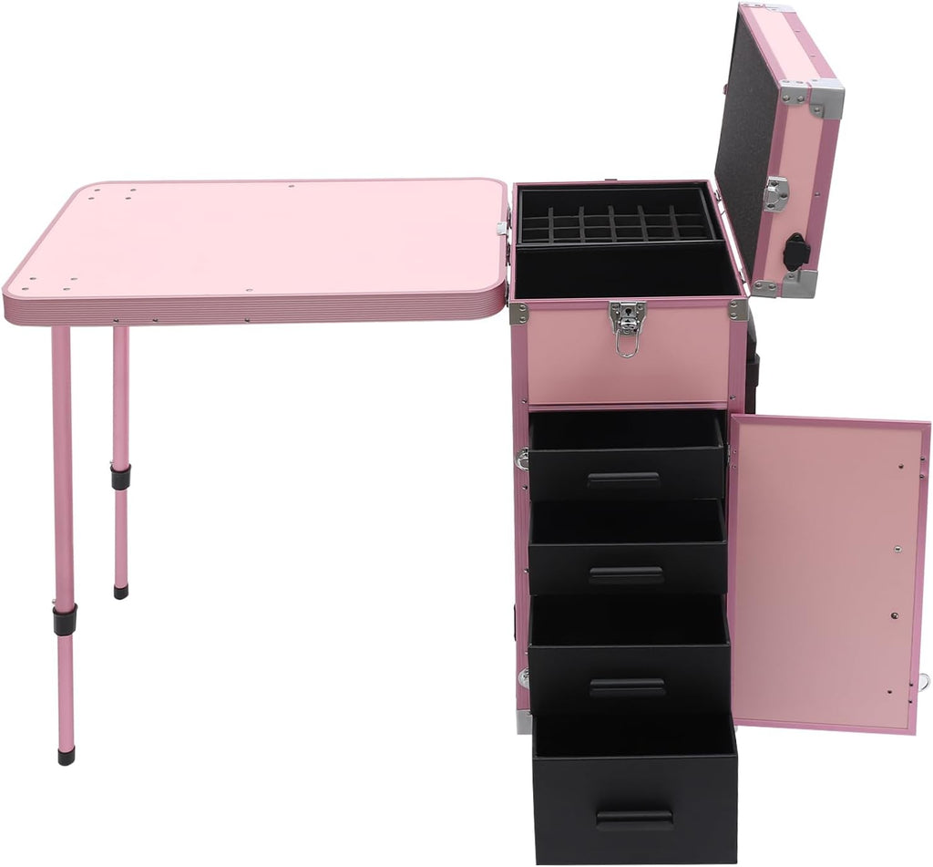 Makeup Train Case With 4 Universal Wheels,Portablel Makeup Suitcase With Drawers,Unfold Table And Makeup Mirror,Rolling Cosmetic Storage Organizer For Artist,Hairstylist,Etc (Pink)
