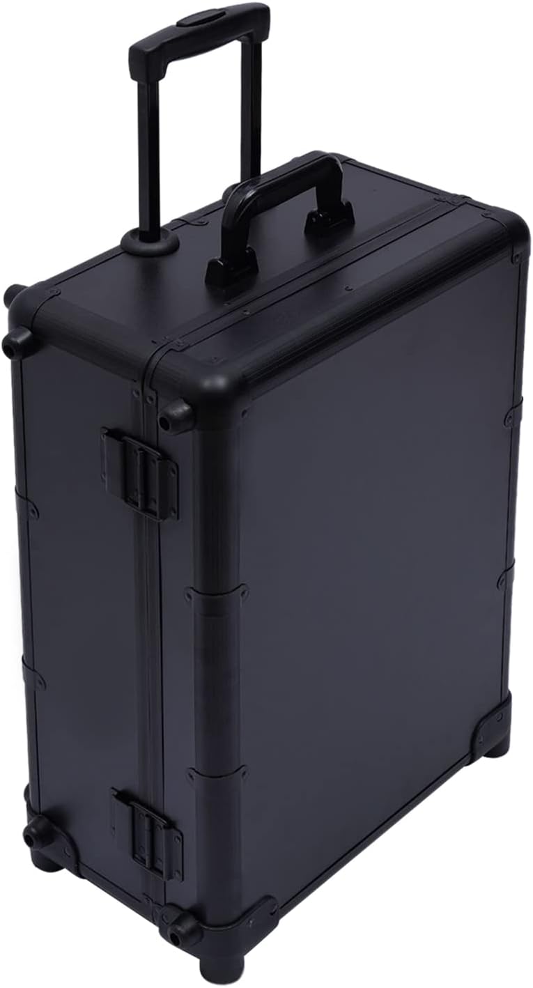3 Tiers Rolling Makeup Train Case, Portable Makeup Vanity Station 12V Chargeable Cosmetic Trolley Lockable Storage Organizer with LED Light & Mirror & Wheels, Adjustable Height for Travel (Black)