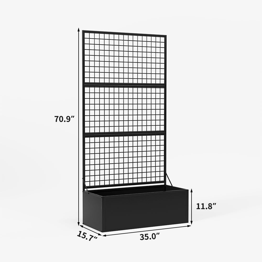 Privacy Planters for Patio – Metal Raised Garden Bed with Trellis and Privacy Screen, 71' x 35' x 16' Planter Box with Drainage Holes for Climbing Plants, Vegetables, and Vines, Outdoor Backyard Black