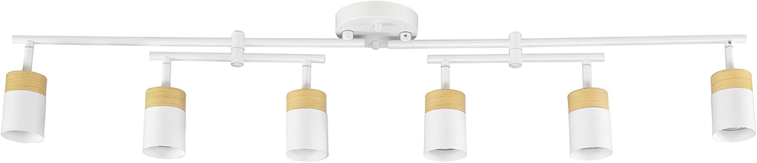 Globe Electric 64000055 42' 6-Light Track Lighting, Double Center Swivel Bar, Matte White, Wood Toned Accents, Ceiling Light, Pivot Shades, 6 Bulb, Kitchen Lights, GU10 Sockets