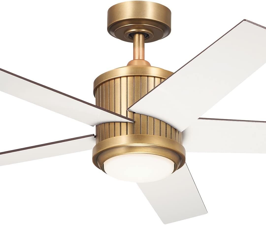 Kichler Brahm 48 in Indoor Ceiling Fan with LED Light, 3-Speed AC Motor with Reversible Blades and Handheld Remote in Natural Brass, for Living Room, Dining Room, Kitchen and Bedroom, 300048NBR
