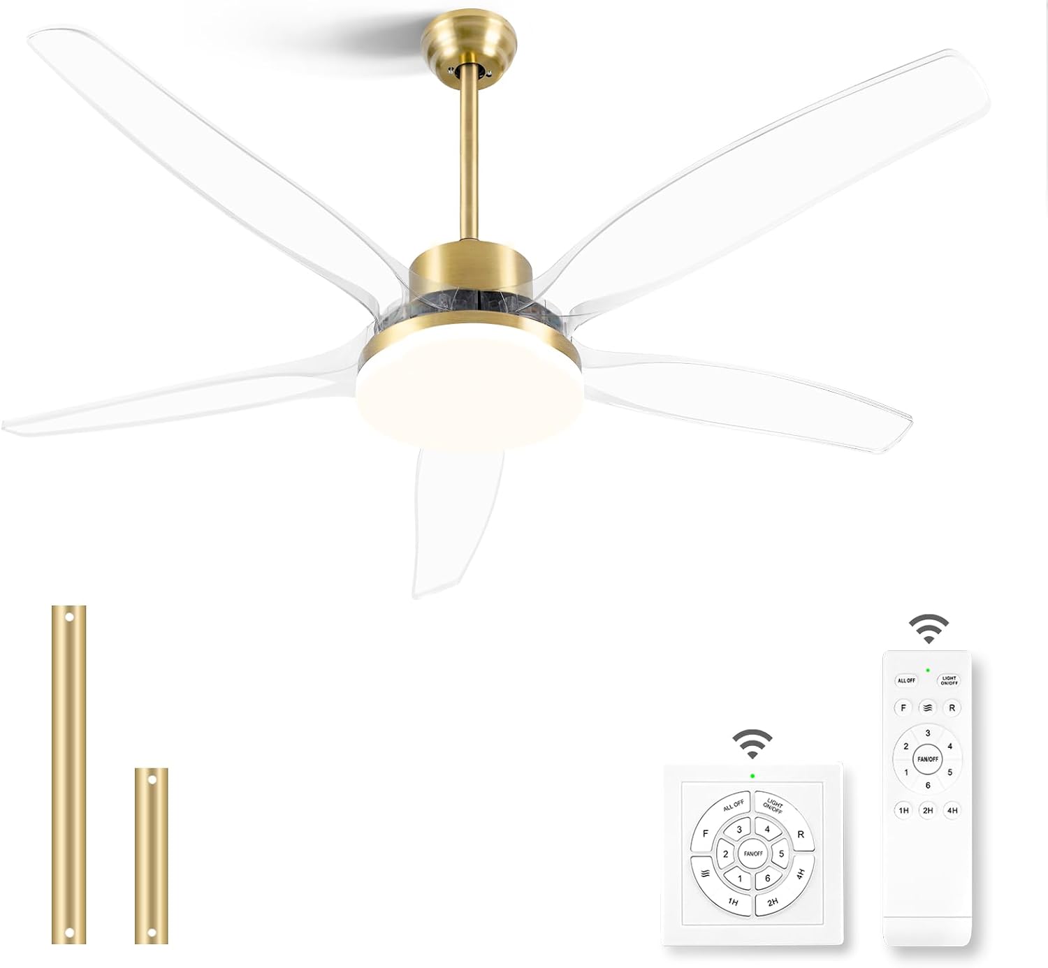 OKELI Clear Ceiling Fan with Light, 58 Inch Gold Transparent Ceiling Fans with Light and Remote 3 Reversible Blade LED Ceiling Fan and Light Combo for Living Room, Bedroom, Patio