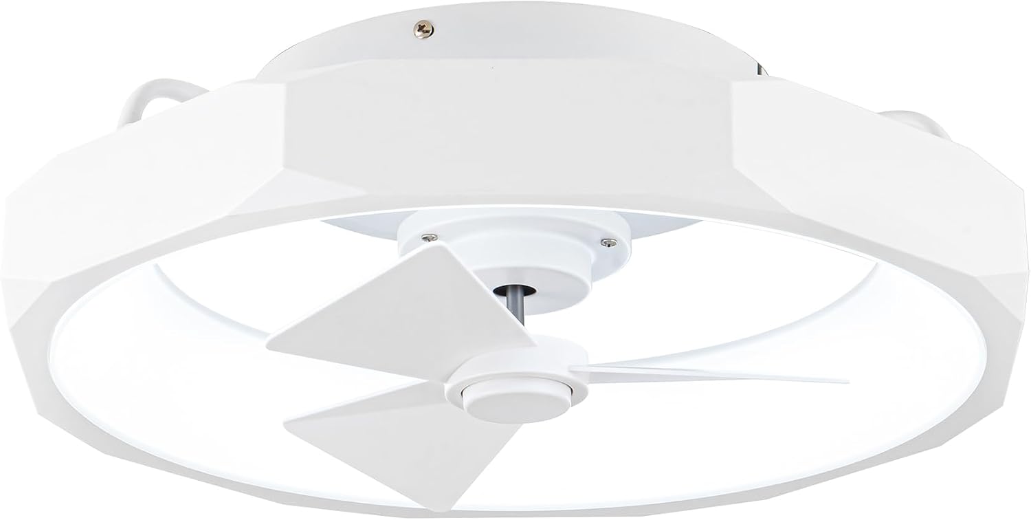 Parrot Uncle Low Profile Ceiling Fans with Lights and Remote, 20 Inch Bladeless Ceiling Fan for Bedroom Flush Mounted, Dimmable Light, Reversible DC Motor, Timer (White)