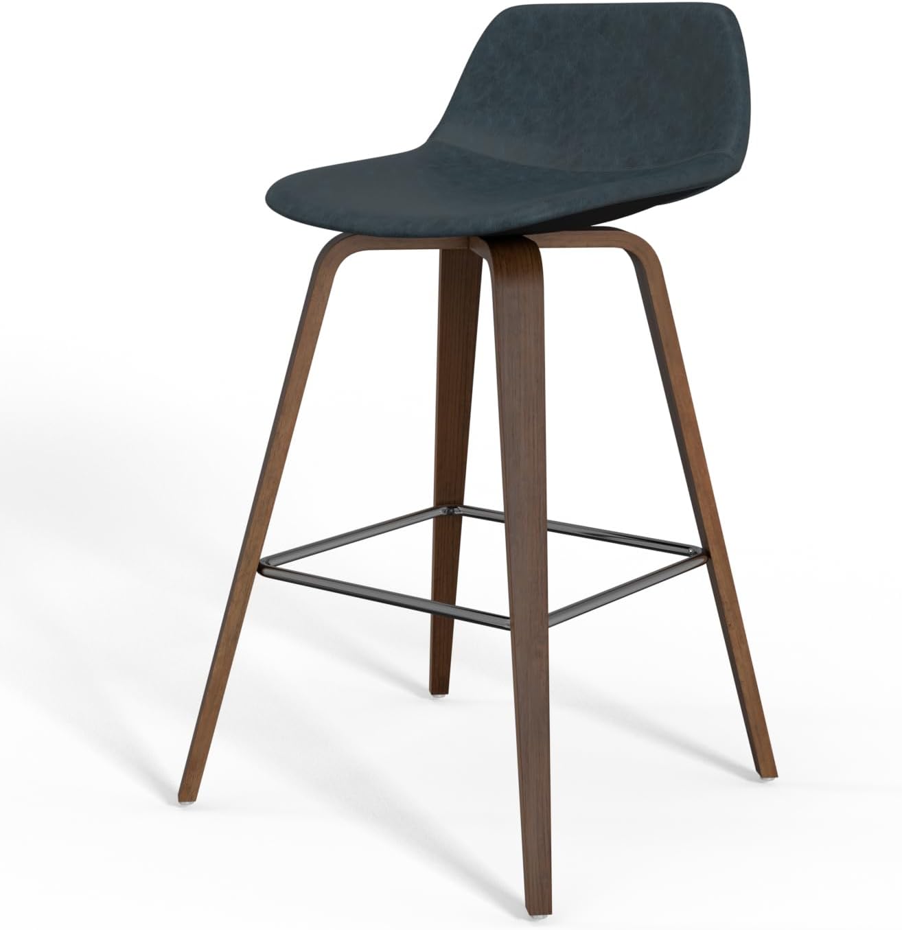SIMPLIHOME Randolph Counter Stools (Set of 2) - 28 Inch Seat Height Upholstered Bentwood Kitchen Seats in Distressed Blue Vegan Faux Leather, Mid Century Seating with Curved Backrest and Footrest