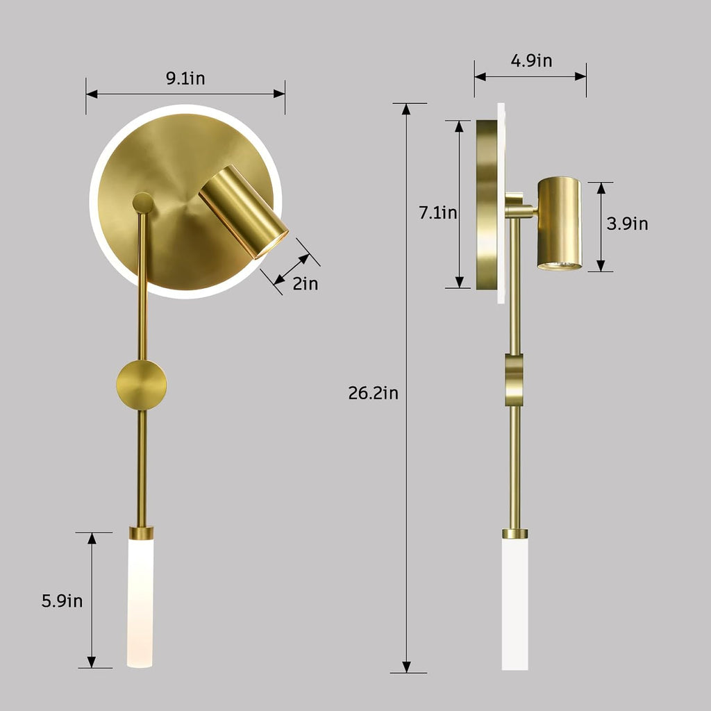 Hyunbae Wall Sconces, 3-Light Sources Gold Wall Lights, 360° Adjustable Spotlight, Dimmable Modern Gold Wall Sconce Vanity Light Fixtures, LED Wall Lighting for Living Room Bedroom Hallway