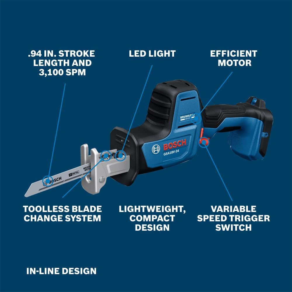 BOSCH GSA18V-24N 18V Compact Reciprocating Saw - Lightweight Design, Tool-Free Blade Change, Variable Speed Control for Efficient Cutting (Bare Tool)