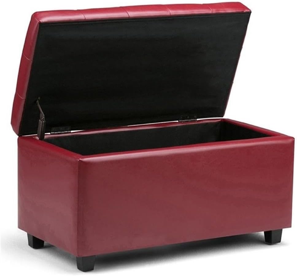 SIMPLIHOME Cosmopolitan Storage Ottoman - 34 inch Wide Upholstered Vegan Leather Rectangle Storage Ottoman Bench in Red, Transitional Tufted Ottoman for Living Room or Entryway with Lift-Up Lid