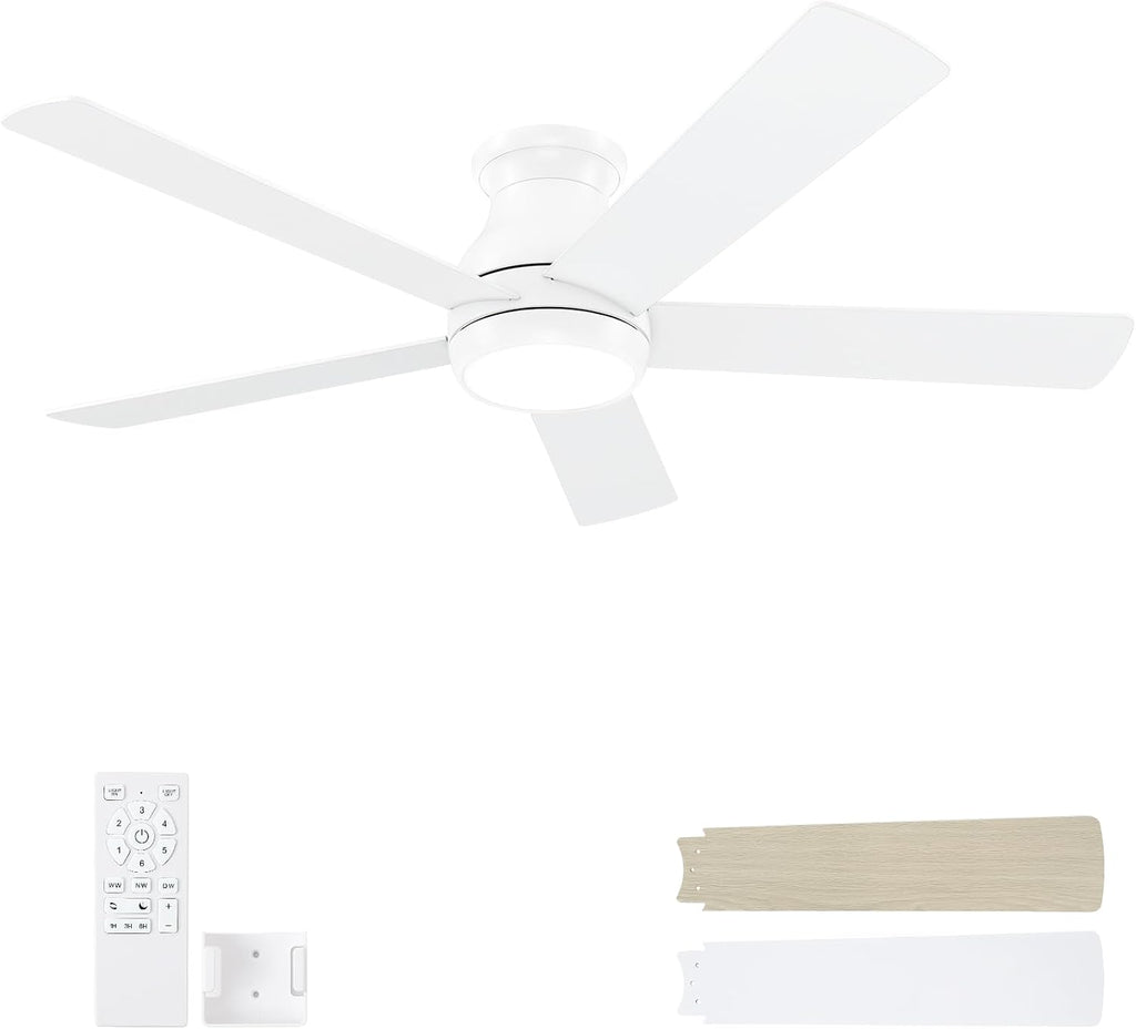 POCHFAN 52 Inch White Ceiling Fans with Lights and Remote,LED Low Profile Flush Mount Ceiling Fan for Bedroom,Living Room, with Quiet DC Motor,Dimmable 6 Speeds
