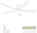 POCHFAN 52 Inch White Ceiling Fans with Lights and Remote,LED Low Profile Flush Mount Ceiling Fan for Bedroom,Living Room, with Quiet DC Motor,Dimmable 6 Speeds