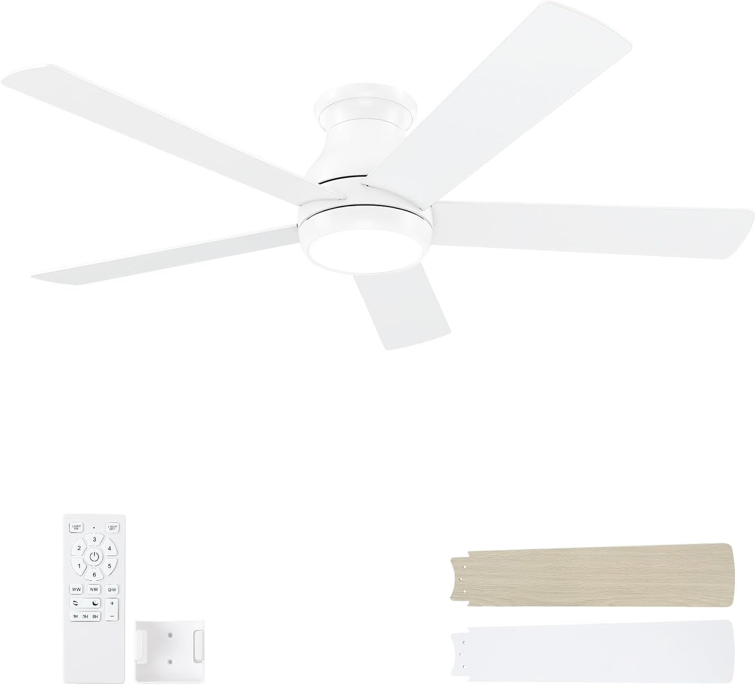POCHFAN 52 Inch White Ceiling Fans with Lights and Remote,LED Low Profile Flush Mount Ceiling Fan for Bedroom,Living Room, with Quiet DC Motor,Dimmable 6 Speeds