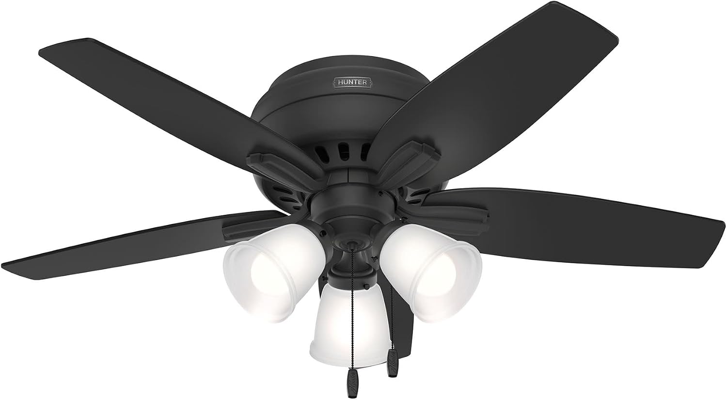 Hunter 42 inch Indoor Ceiling Fan with LED Lights - Black Ceiling Fan with Pull Chain, For Bedroom or Living Room, Low Profile Flush Mount, No Remote, 5 Blades - Newsome 52393, Matte Black