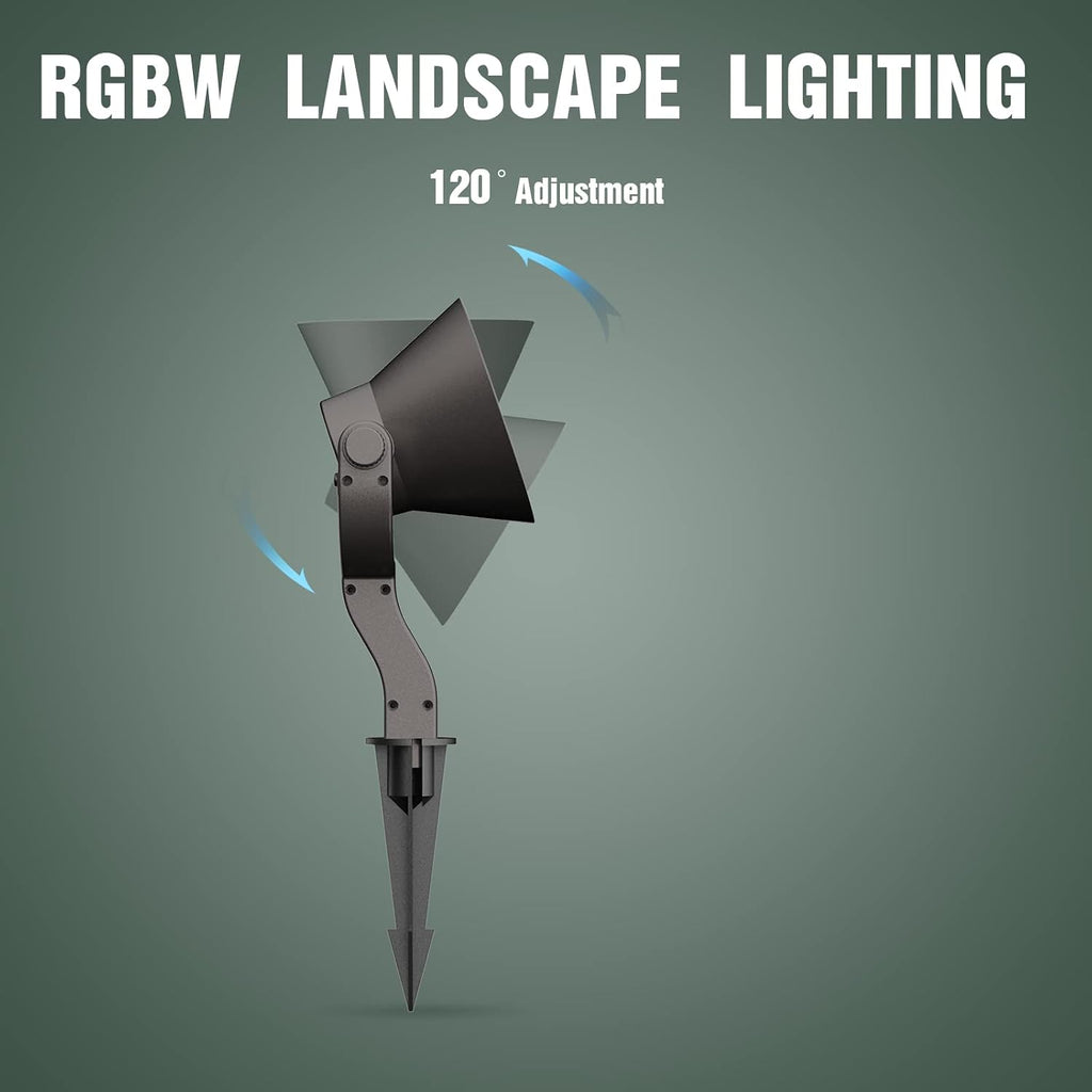 GOODSMANN RGBW Low Voltage LED Spotlights 4PK Color Changing Landscape Lights 12V-15V 12W 650 Lumen Outdoor Spot Lights 9 Lighting Modes Aluminum Flood Lights with Connectors and Metal Spike Stakes