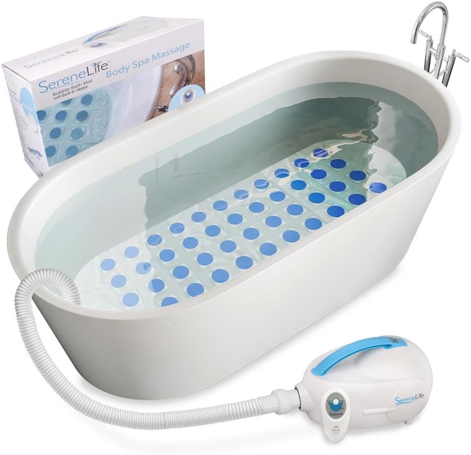 SereneLife Spa Bath Mat Full Body Massager - Portable Bubble Bath Massager with Air Jets, Remote Control, Non-Slip Adjustable Bubble Mat, Aroma Clip for Essential Oils, 47' x 14.2'