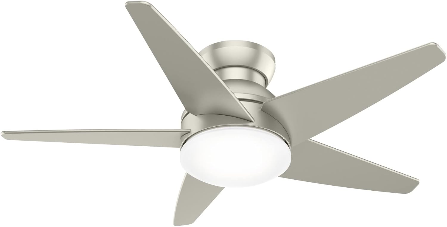 Casablanca 44 inch Indoor Ceiling Fan with LED Light - Low Profile Flush Mount Ceiling Fan for Bedroom, Living Room, or Kitchen, Wall Control, 5 Blades, Includes Bulb - Isotope 51742, Matte Nickel