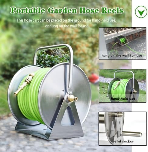 Stainless Steel Garden Hose Reel Cart with Cover, Wall-Mounted Hose Organizer for Car Washing & Gardening, Essential Outdoor Watering Equipment (Silver, DN15*4)