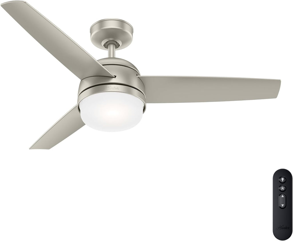 Hunter 48 inch Indoor Ceiling Fan with LED Light and Remote Control - Standard Mount Ceiling Fan, 3 Blades, For Bedroom, Living Room, or Kitchen, Quiet - Midtown 54212, Matte Nickel