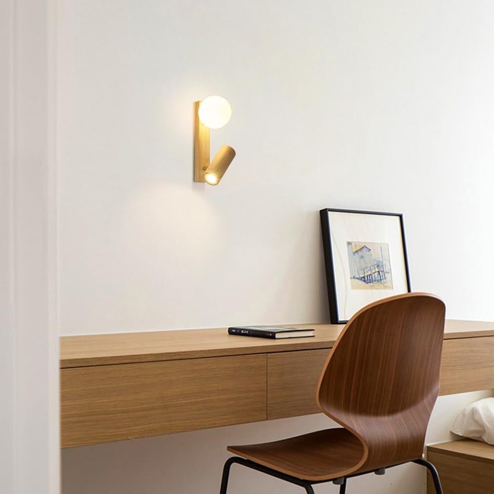 Modern Nordic Solid Wood Wall Sconce Minimalist Globe Acrylic Shade Mount Light with Small Rubber Wood Spotlight Indoor Cozy Ambient Wall Lamp for Living Room Hallway