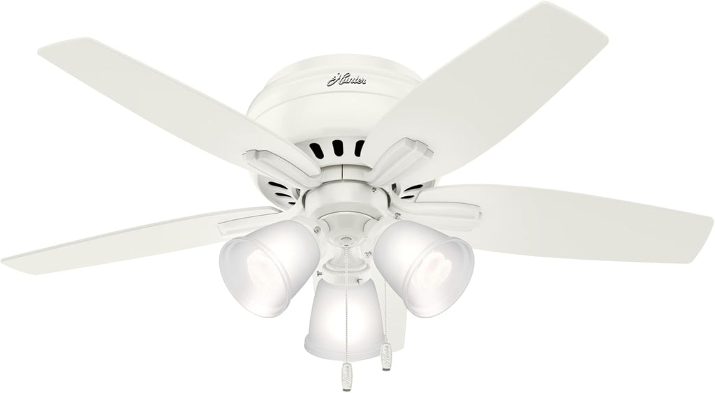 Hunter 42 inch Indoor Ceiling Fan with LED Lights - White Ceiling Fan with Pull Chain, For Bedroom or Living Room, Low Profile Flush Mount, No Remote, 5 Blades - Newsome 51077, Fresh White