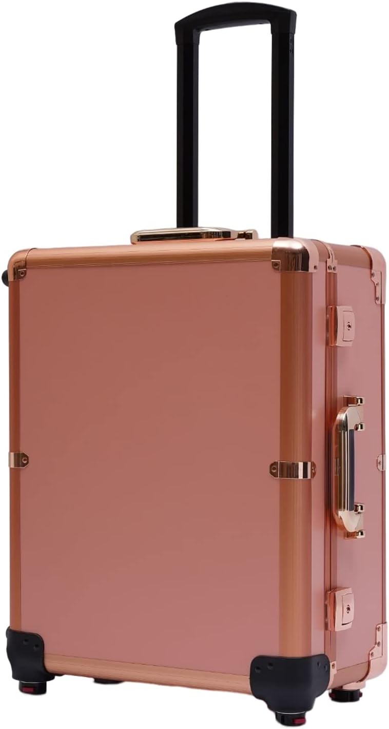 Aluminum Rolling Makeup Train Case with 8 LED Light Mirror Portable Lighted Makeup Vanity Station with Wheels and Stands, Lockable Professional Cosmetic Trolley for Travel (Rose Gold)