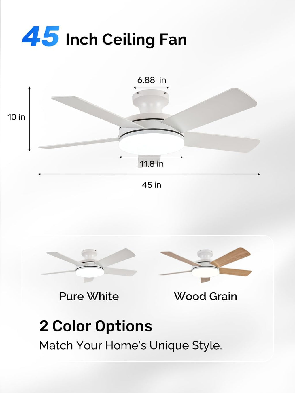 Orison Ceiling Fans with Lights, 45 Inch Low Profile Ceiling Fan with Light and Remote/APP Control, RGB Backlight & LED 3CCT Dimmable, DC Reversible Motor, 6 Speeds, 5 Reversible Blades White