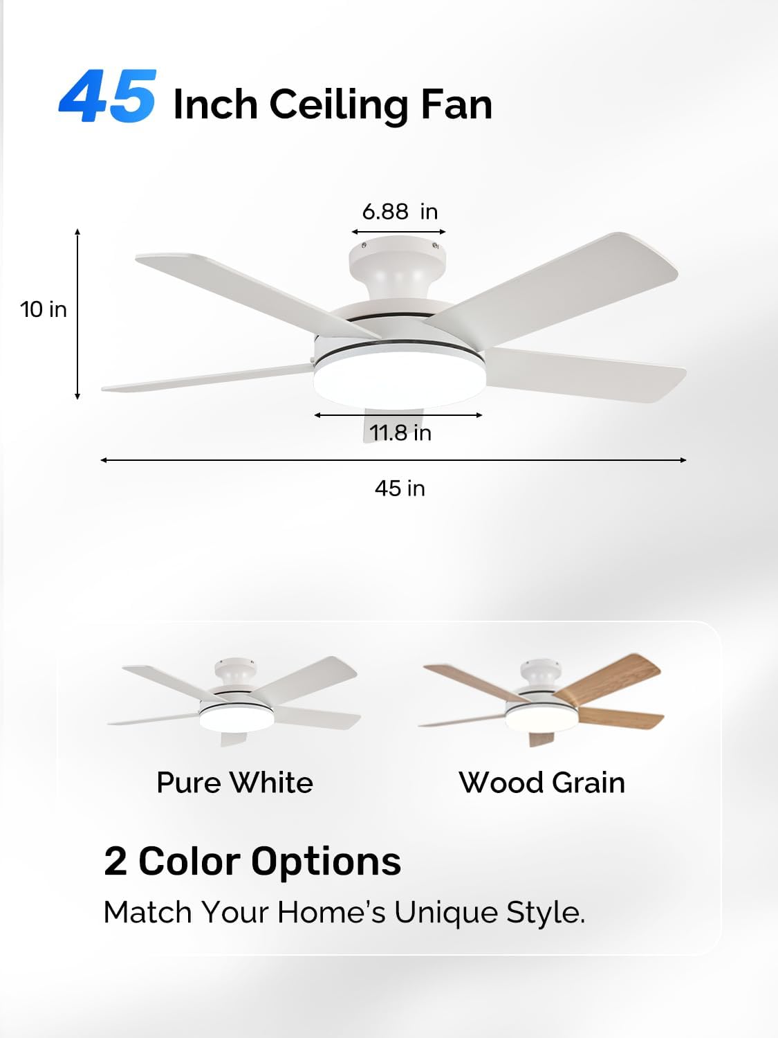 Orison Ceiling Fans with Lights, 45 Inch Low Profile Ceiling Fan with Light and Remote/APP Control, RGB Backlight & LED 3CCT Dimmable, DC Reversible Motor, 6 Speeds, 5 Reversible Blades White