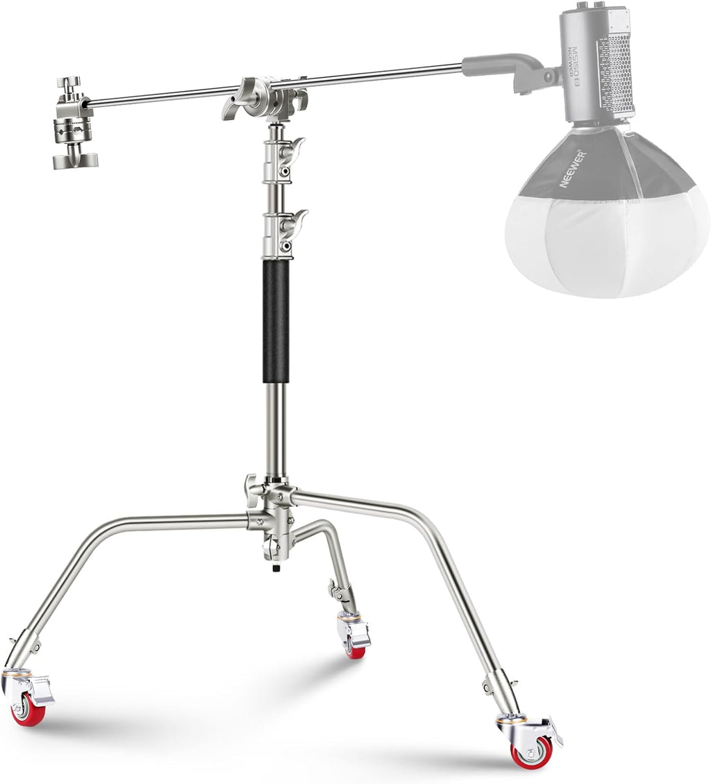 NEEWER Stainless Steel Heavy Duty C Stand with Swivel Casters, 43'-73'/110-186cm Photography Light Stand with 33'/83cm Boom Arm, 2 Grip Heads for Studio Monolight, Softbox, Reflector, SC186W