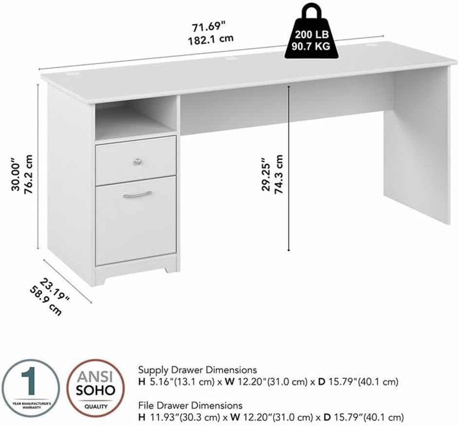 Bush Furniture Cabot 72W Computer Desk with Drawers in White, Large Work Table and Built-in Storage for Home Office, 6 Foot Long Desktop