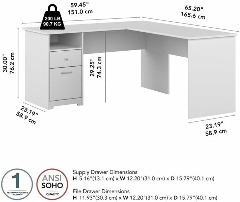 Bush Home Cabot 60W L Shaped Computer Desk with Drawers, White
