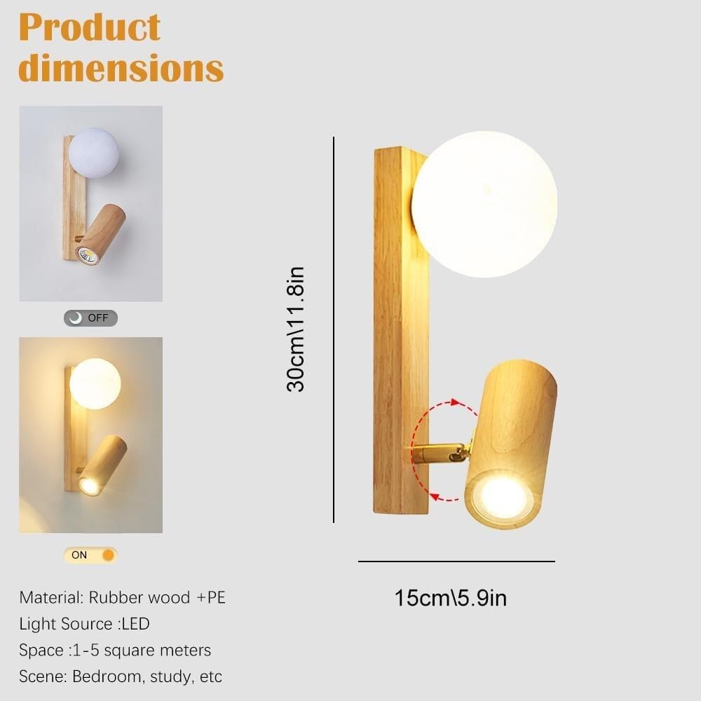 Modern Nordic Solid Wood Wall Sconce Minimalist Globe Acrylic Shade Mount Light with Small Rubber Wood Spotlight Indoor Cozy Ambient Wall Lamp for Living Room Hallway