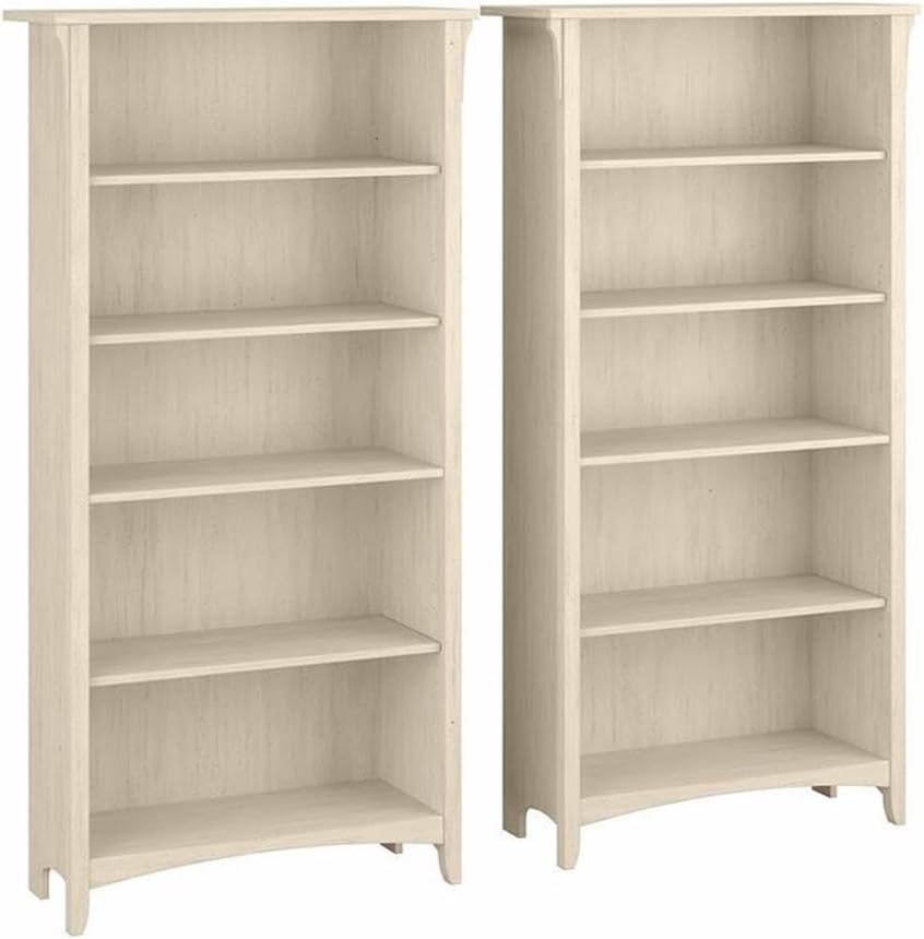Bush Home Salinas Tall 5 Shelf Bookcase - Set of 2 in Antique White, Vertical Office Storage, Bookshelves for Home Workspace, Multi-Purpose Shelving Units