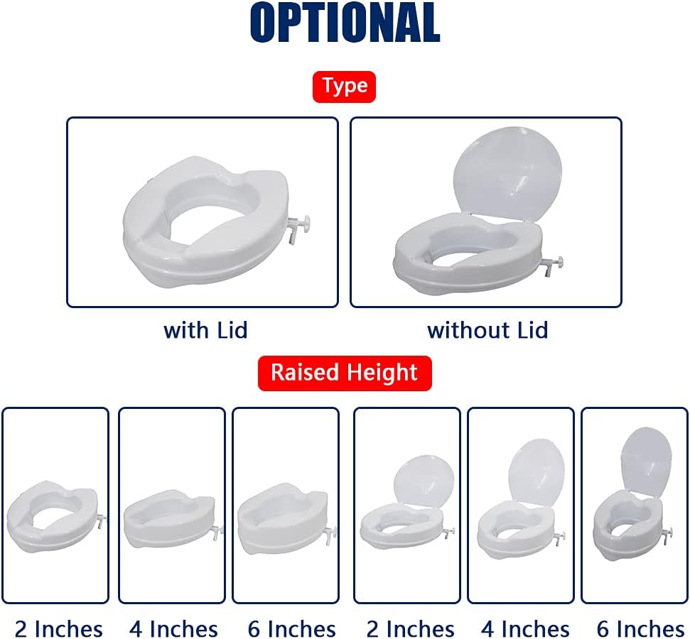 Raised Toilet Seat with Lid 300 Lbs Heavy Duty Elevated Toilet Seat with Tightening Clamps Raised Toilet Seats for Most Elongated Toilets (White, 6 Inches)