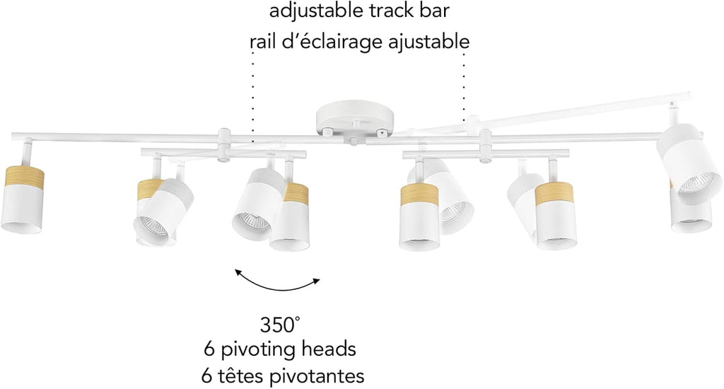 Globe Electric 64000055 42' 6-Light Track Lighting, Double Center Swivel Bar, Matte White, Wood Toned Accents, Ceiling Light, Pivot Shades, 6 Bulb, Kitchen Lights, GU10 Sockets
