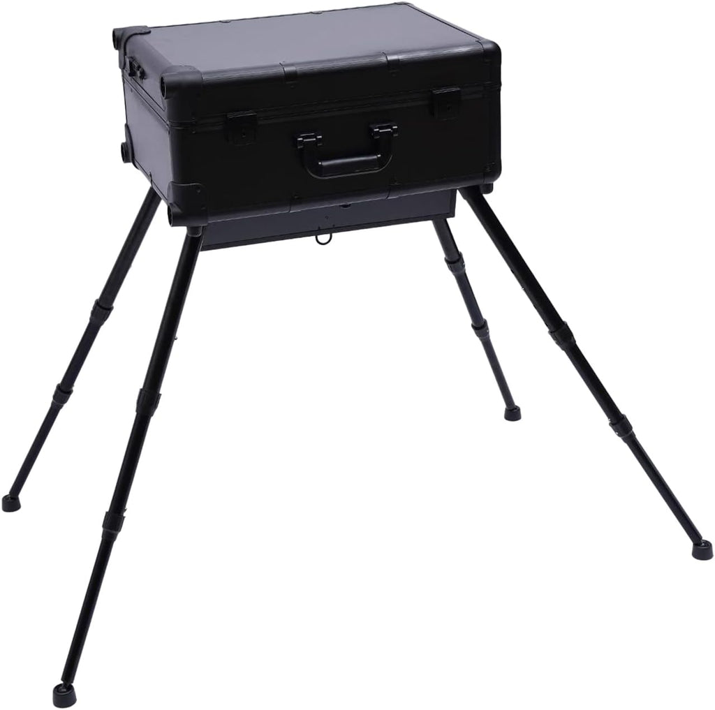 3 Tiers Rolling Makeup Train Case, Portable Makeup Vanity Station 12V Chargeable Cosmetic Trolley Lockable Storage Organizer with LED Light & Mirror & Wheels, Adjustable Height for Travel (Black)